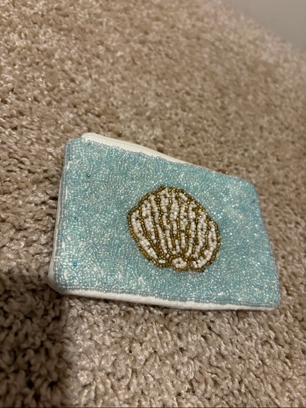 Beaded Seashell Card Holder Wallet - Light Blue